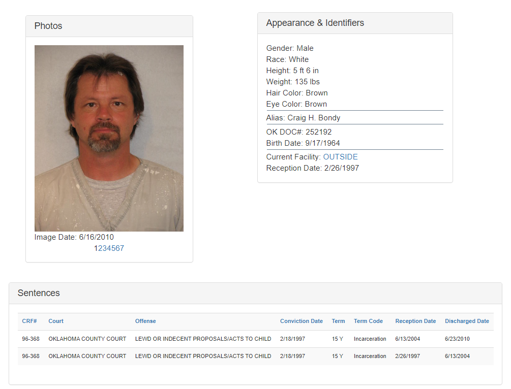 Historical corrections record screenshot, including a photograph and sentence entries
