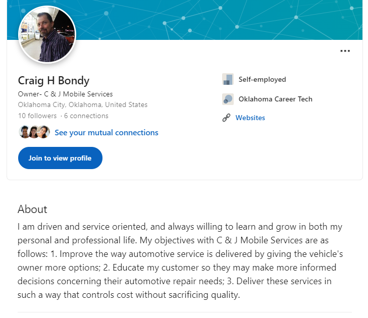 Craig H. Bondy’s LinkedIn profile screenshot, including his profile photograph and About section