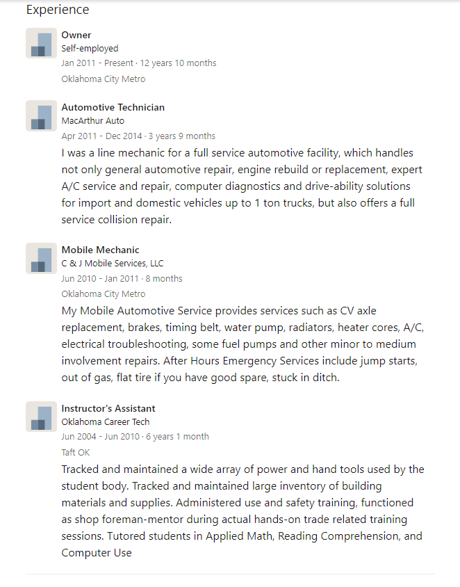 LinkedIn employment history showing owner, automotive technician, mobile mechanic and instructor’s assistant roles