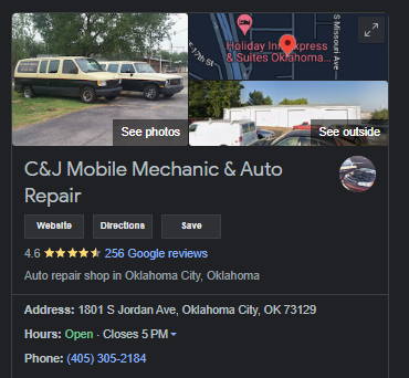 Historical Google business listing screenshot for C&J Mobile Mechanic & Auto Repair