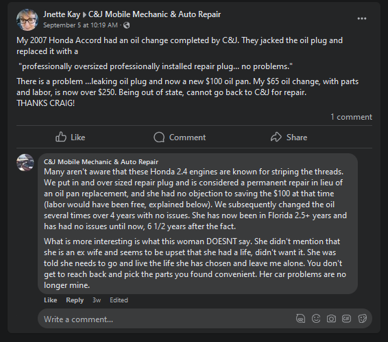 Social media complaint about an oil-change repair and the business’s response