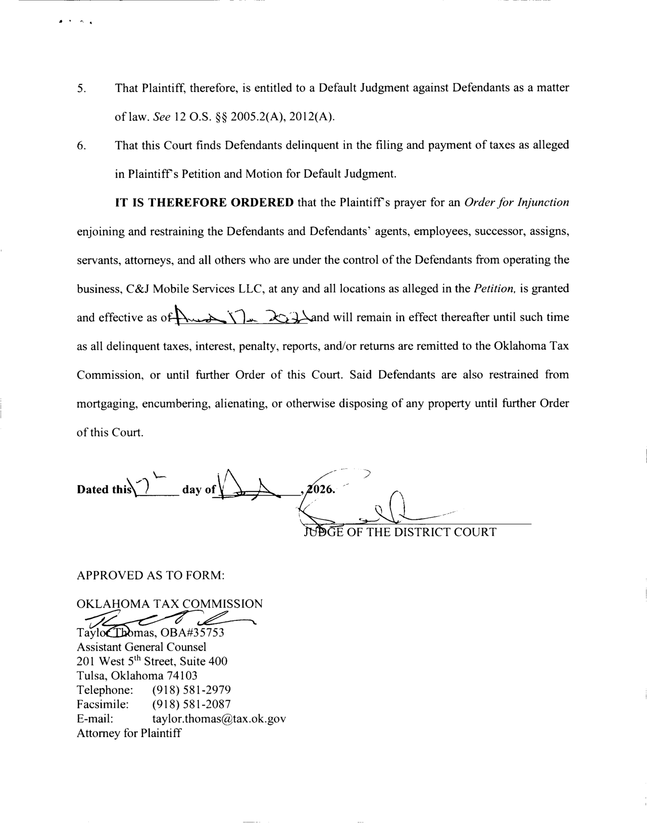 Second page of the signed order restraining C&J Mobile Services LLC business operations at any and all locations